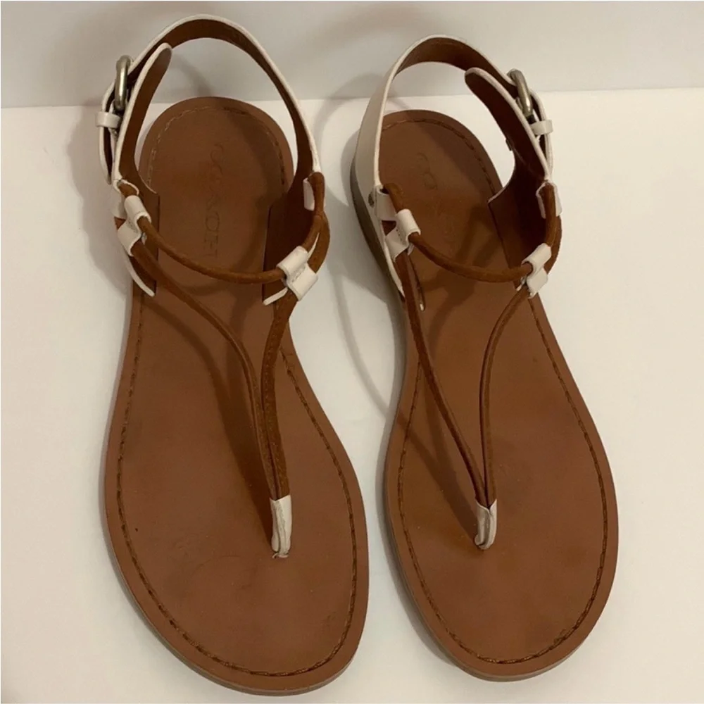 COACH leather Sandals Camel Brown with white leather and silver accents.